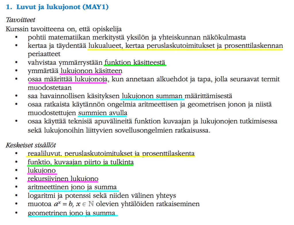 ESIMERKKI ERI OPPIAINEIDEN TAVOITTEISTA JA ARVIOINNISTA (LOPS 2015) Matematiikka: Monipuolisella arvioinnilla ja kannustavalla palautteella tuetaan opiskelijan matemaattisen ajattelun ja