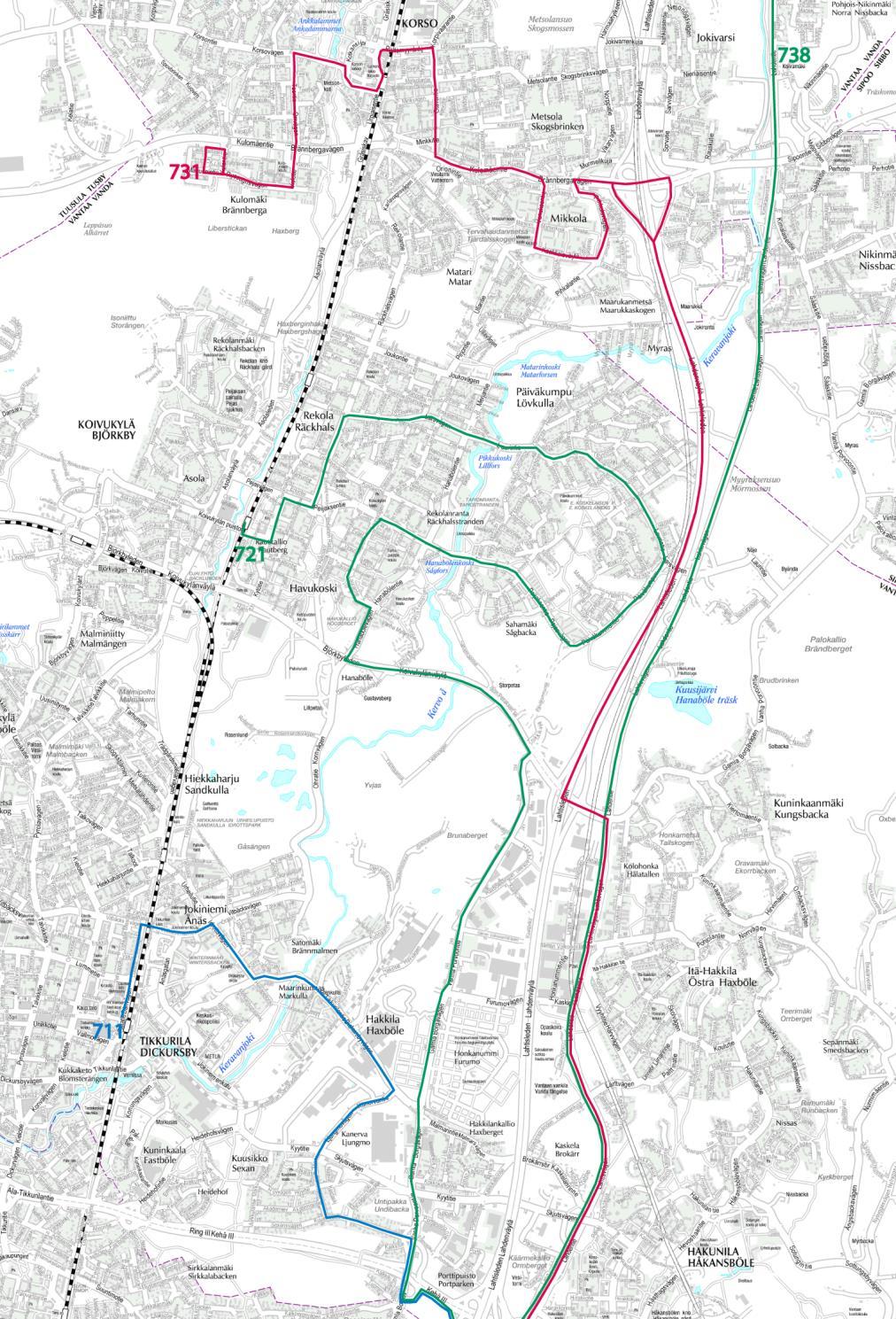 13 Helsingin itäiseen kantakaupunkiin (Kalasataamaan) liikennöivät seutulinjat 711 Tikkurilan alueelta, 721 Koivukylän alueelta sekä 731 Korson alueelta.
