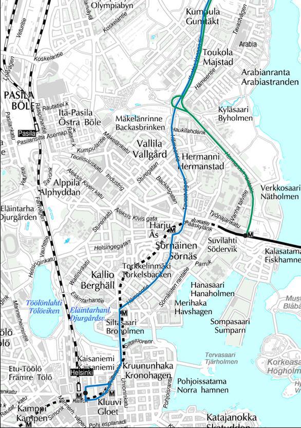 Kartta: reitti Lahdenväylältä Kalasatamaan (vihreällä, linjat 711, 721, 731