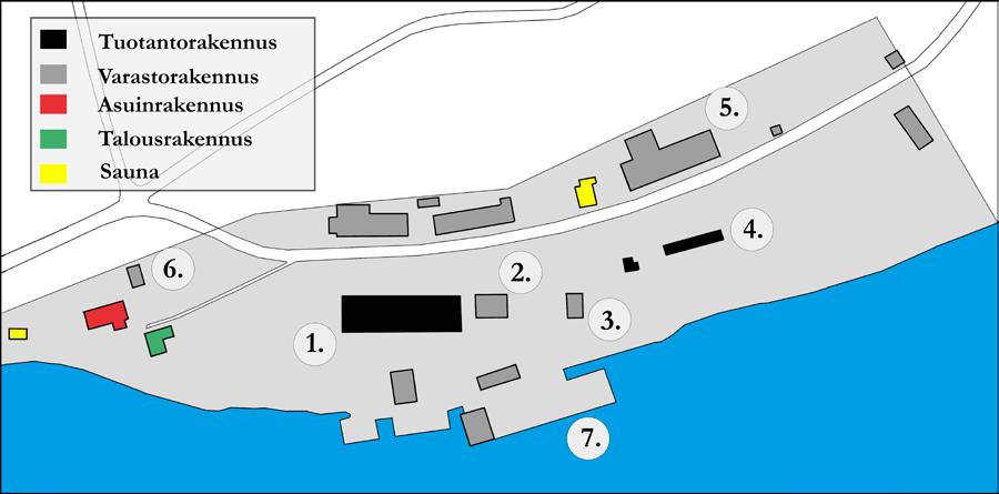 Konepajan rakennuskantaa vuonna 1956: 1. Konepaja 2. Palokalustovarasto 3. Öljy- ja maalivarasto 4. Sirkkeli 5. Lautavarasto 6.