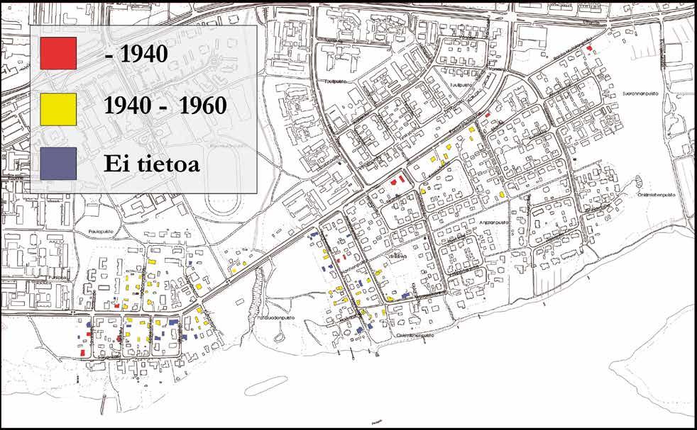 Rantakylän ennen 1950- ja 1960-lukujen taitetta valmistuneet rakennukset.