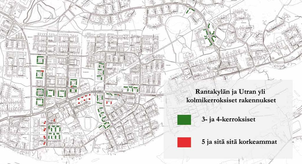 Rantakylän ja Utran vähintään kolme kerrosta korkeat kerrostalot.