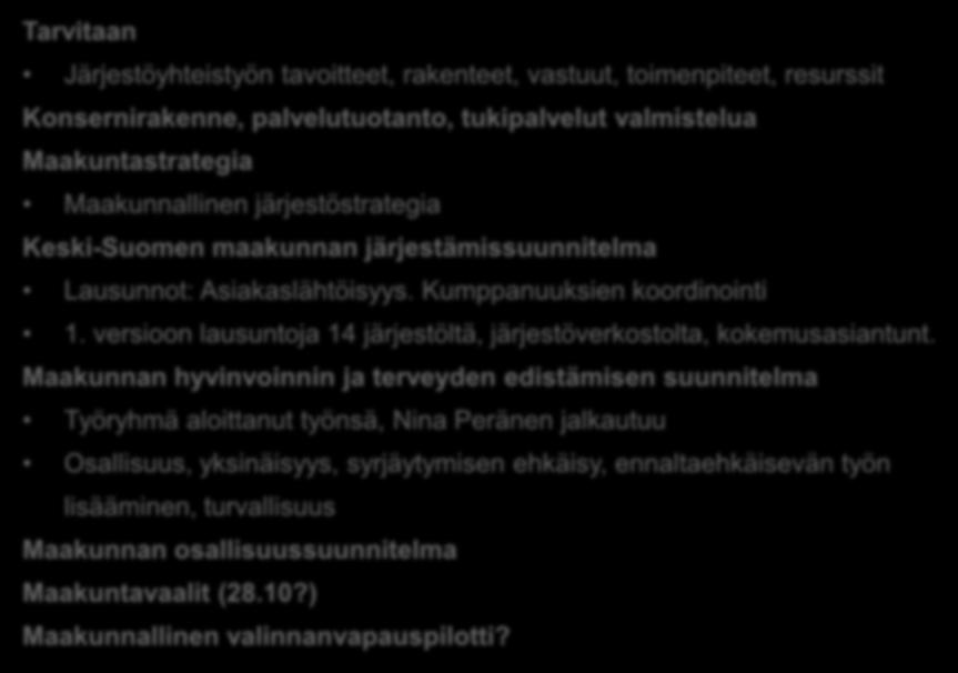 Järjestöjen vaikuttaminen/ maakuntataso Tarvitaan Järjestöyhteistyön tavoitteet, rakenteet, vastuut, toimenpiteet, resurssit Konsernirakenne, palvelutuotanto, tukipalvelut valmistelua