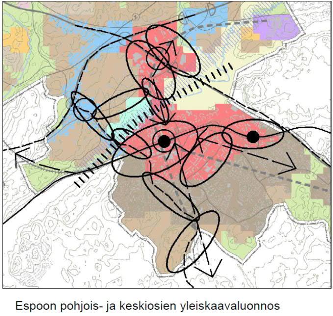 ESPOON KESKUS ESPOON POHJOIS- JA KESKIOSIEN YLEISKAAVASSA Espoon keskuksen vetovoimaa ja elinvoimaisuutta vahvistetaan osana Espoon kaupunkiradan kasvu- ja kehityskäytävää.