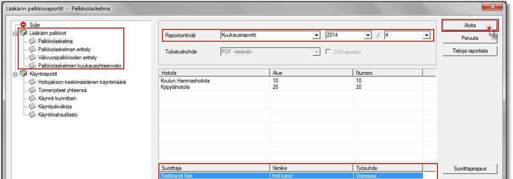 14 / 24 9. HAMMASLÄÄKÄRIT: PALKKIOLASKELMAN TARKASTAMINEN 9.1. Palkkiolaskelman tarkastaminen Uusi raportointikäyttöliittymä löytyy Hoitohuoneen ja Ajanvarauksen Raportit-ylävalikosta. 9.2. Raportoinnin käyttöliittymä Käytettävissä olevat raportit ovat raporttipuussa käyttöliittymän vasemmassa laidassa.