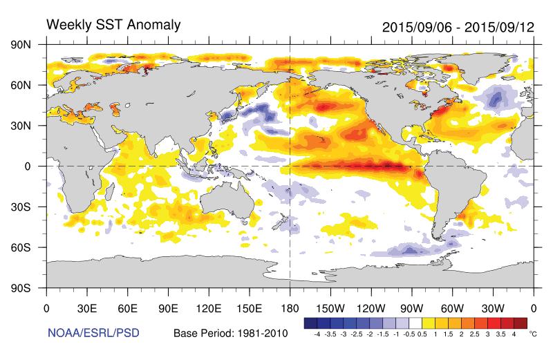 El Niño voimistumassa El Niño -olosuhteet ovat kehittyneet Tyynellämerellä kuluneen kesän aikana ja ilmiön ennustetaan voimistuvan talvea kohti mentäessä.