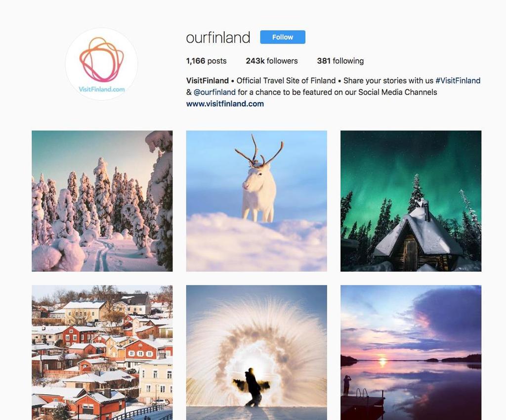 Instagram 243 000 seuraajaa + 23,300 Japani Sisältö 99% UGC-kuvia, joissa kerrotaan Suomesta ja eri kohteista.