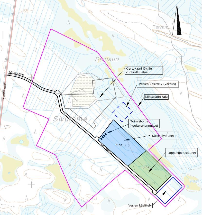 Kuva 2. Alustava materiaalitehokkuuskeskuksen layout -piirustus. 3.2.1 Kenttäalueet Materiaalitehokkuuskeskuksen alueelle rakennetaan vesitiiviitä, asfaltoituja kenttäalueita materiaalien sekä jätteiden varastointi- ja käsittelyalueiksi.