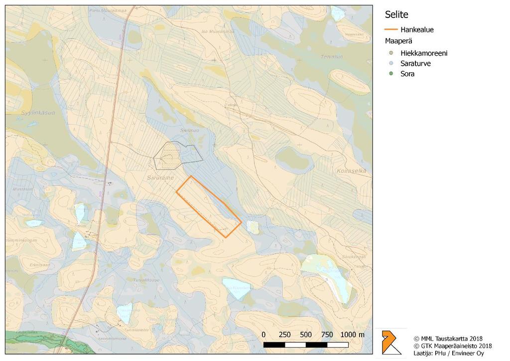 8 MAA JA MAAPERÄ 8.1 NYKYTILA Hankealueen maaperä on hiekkamoreenia, osa alueesta on paikoitellen soistunutta. Moreenimaaperä jatkuu luoteis-kaakkosuuntaisena alueena.