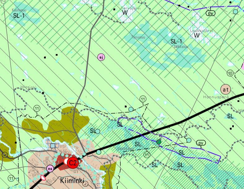 Kuva 17. Ote Pohjois-Pohjanmaan yleiskaavasta, hankealueen likimääräinen sijainti esitetty oranssilla. Asemakaava Hankealueella ei ole voimassa olevaa asemakaavaa. 15.