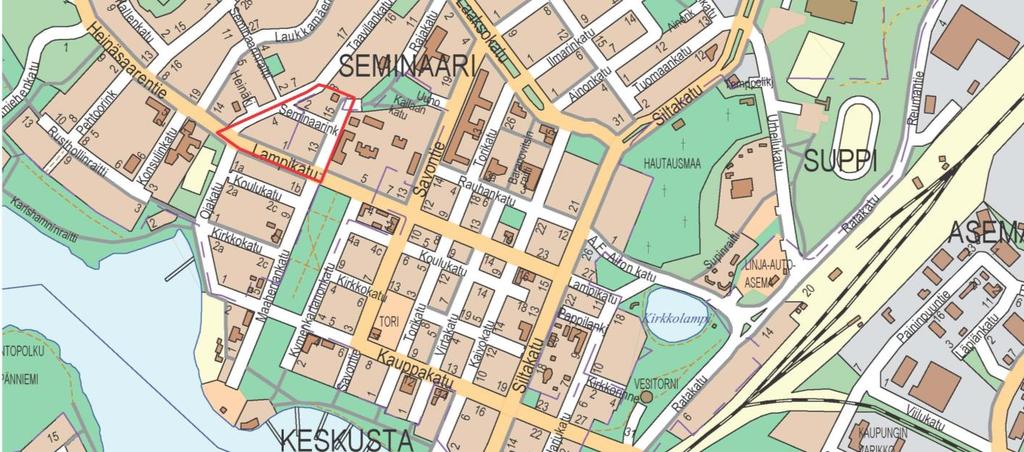 Heinola 684/Akm, Osallistumis- ja arviointisuunnitelma, 23.05.2018 2 / 8 1 Suunnittelualue Asemakaavan muutos koskee Seminaarin (2.) kaupunginosan korttelin 1 tontteja 8 ja 12, Laukkamäen (11.