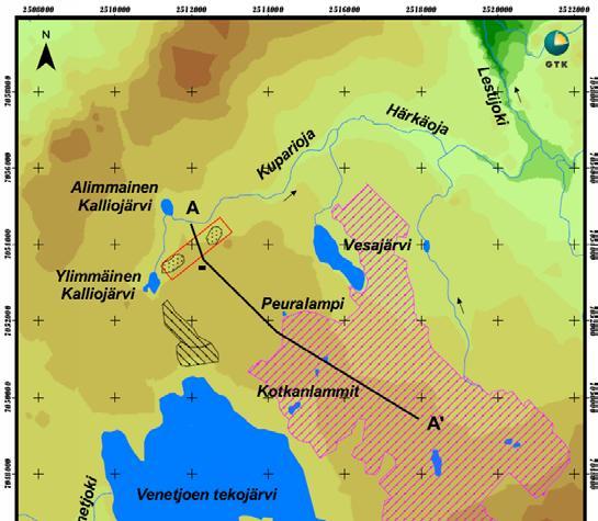 51 Kalvinit Oy yläpuolelle. Sen eteläpuolella on Venetjärvenneva ja pohjoispuolella Peuralamminneva (kuvat 8.3 ja 8.4). Kuva 8.3. Maanpinnan korkokuva. (Geologian Tutkimuskeskus 2001). Kuva 8.4. Maanpinnan profiili A A.