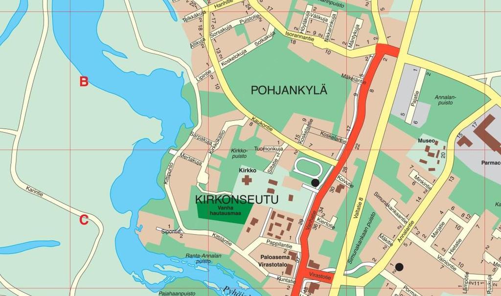 1.2 Kaava-alueen sijainti Asemakaavan muutos koskee valtion hallinnoimia tiealueita MT 18136 ja MT 18137 (Vanhatie) sekä MT 18178 (Virastotie), jotka muodostavat Pyhäjoen kirkonkylän