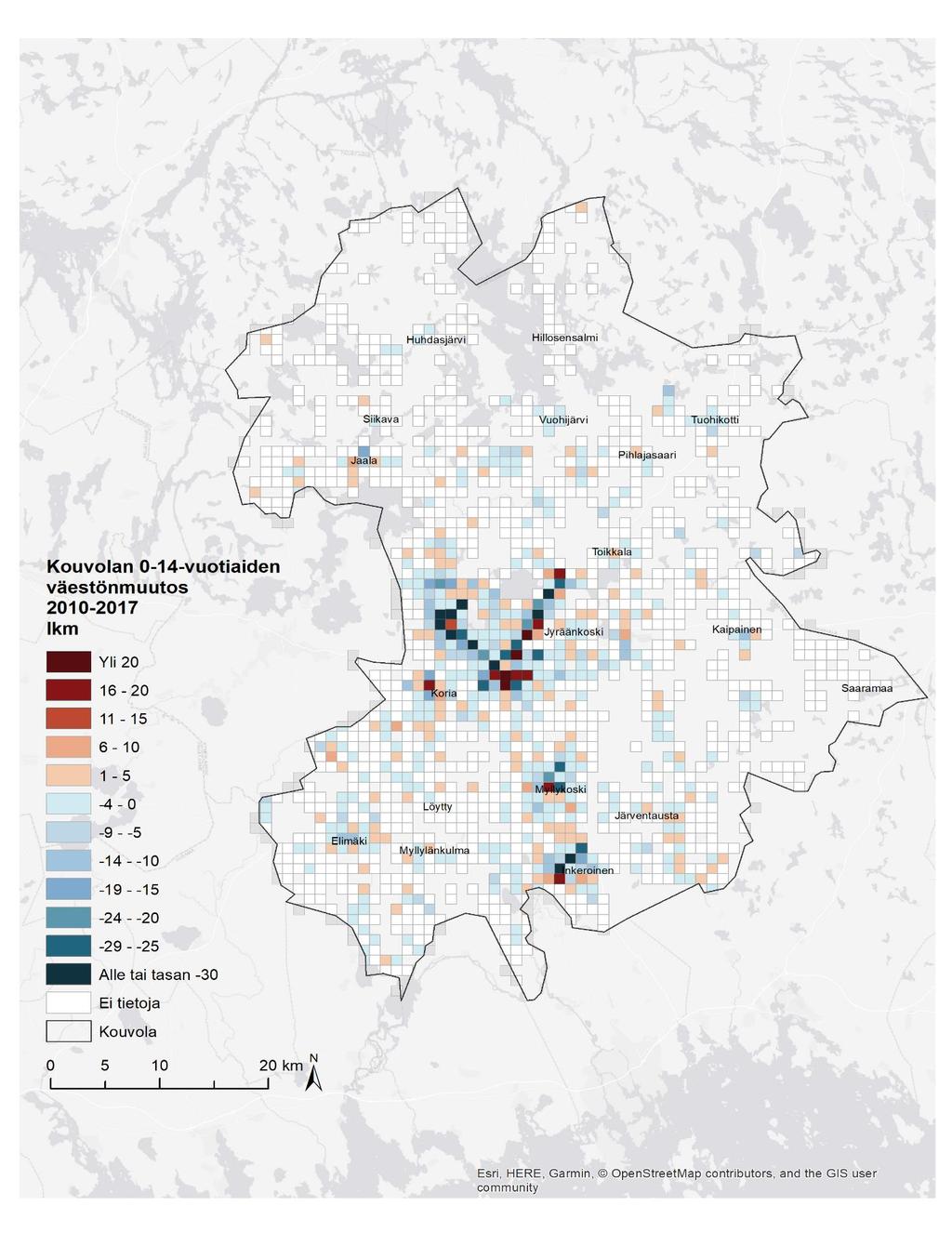 Liite 2. Kouvolan alle 15-vuotiaiden määrän kehitys karttaruuduittain vuosina 2010-2017 (huom.