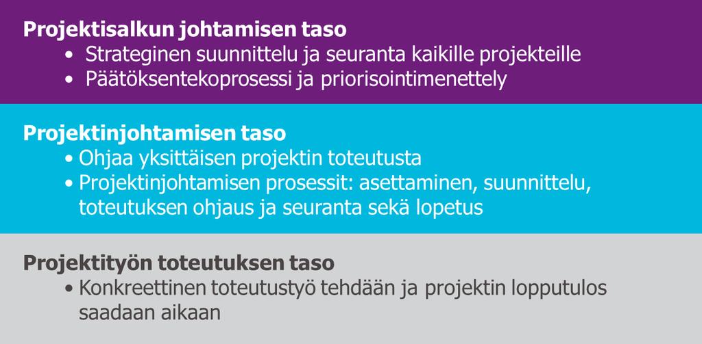 3(47) 2 Projektijohtamisen kokonaistarkastelua Projektijohtamista kehitettäessä tulee ensimmäiseksi määritellä projekti ja erottaa se muusta toiminnasta ja prosessi-/normaalista työstä.