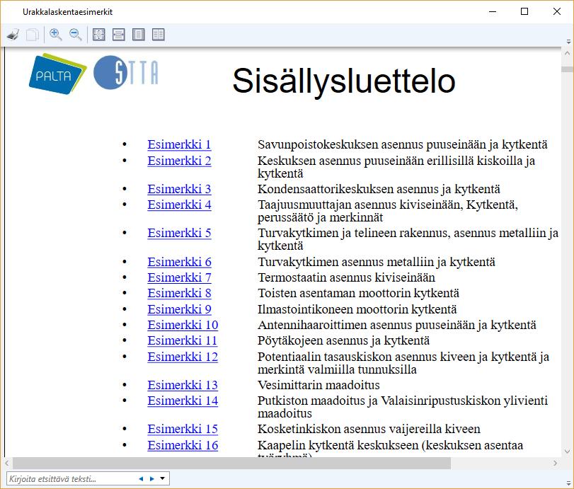 Esimerkeissä on oma sisällysluettelo jota klikkaamalla pääse suoraan ao.