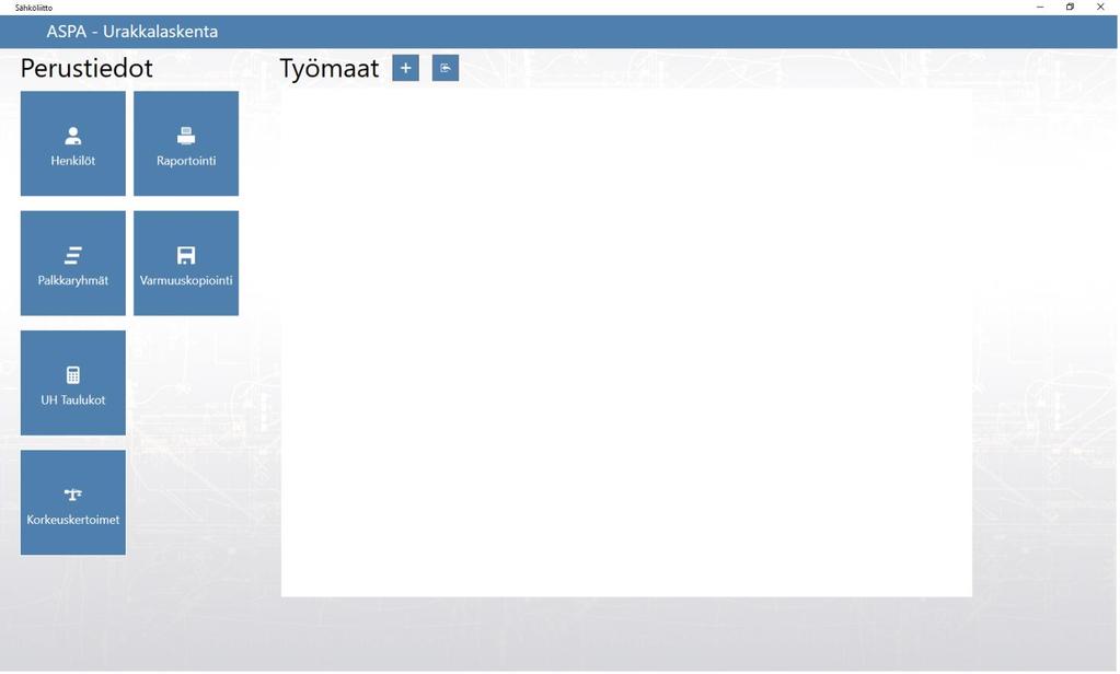 Ohjelman perusnäkymä avautuu, jossa voit perustaa uuden työmaan tai jatkaa olemassa olevaa työmaata.