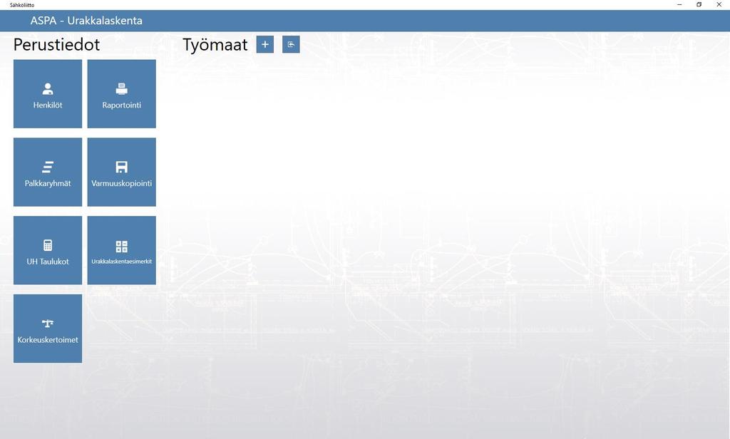 ASPA ohjelman alkutoimet Perustiedot ikkunassa aloitettaessa uutta työmaata lisätään se + napilla. Voit myös tuoda levyltä toisen laskelman, mikäli haluat jatkaa laskentaa koneellasi.