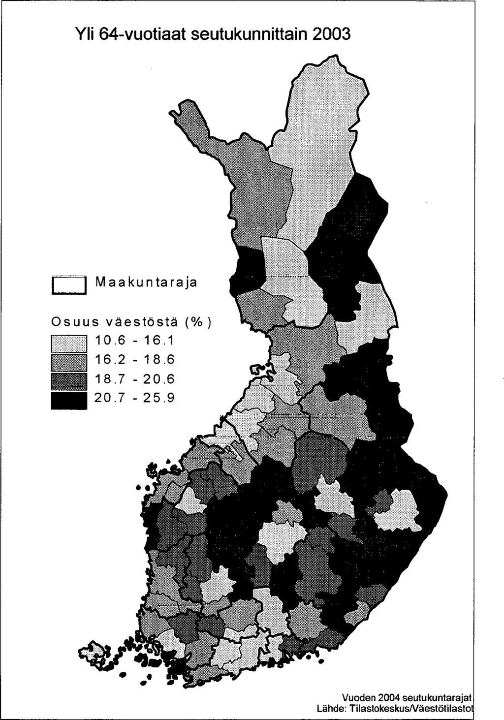 21 Kuva 2.13. Yli 64-vuotiaat seutukunnittain 2003.