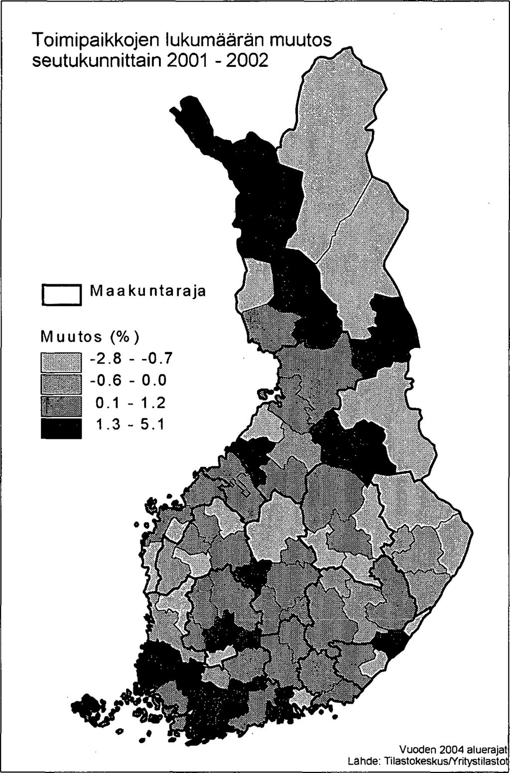 40 Kuva 3.6. Toimipaikkojen lukumäärän muutos seutukunnittain 2001-2002.