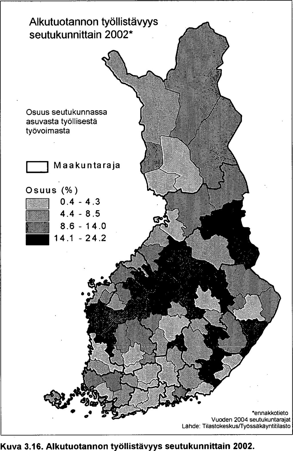 46 Alkutuotannon työllistävyys maakunnittain 2002* 0 2 4 6