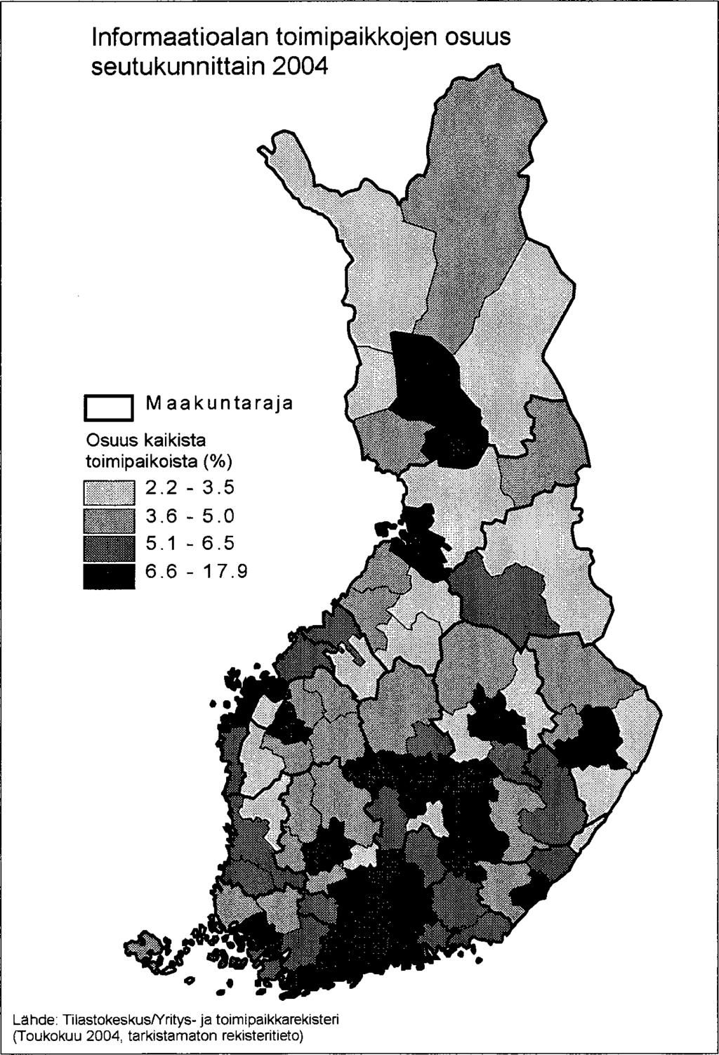 66 Kuva 3.49. Informaatioalan toimipaikkojen osuus seutukunnittain 2004.