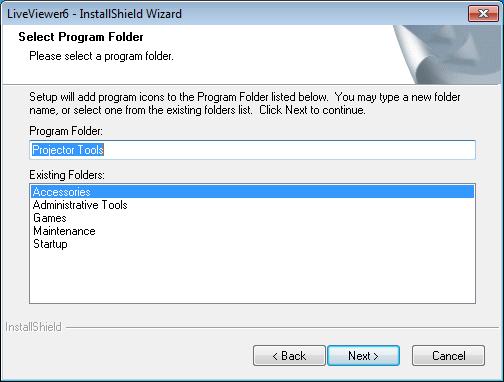 Select Program Folder-ikkuna tulee näkyviin. Vahvista ohjelmakansion nimi.