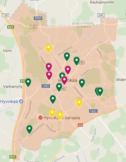 Kuva 1: Hyvinkään keskustaajama (lähde: map.google.com) Kuvassa 1 näkyvä keskustaajaman alue sisältää suurimman osan Hyvinkään kouluverkosta.