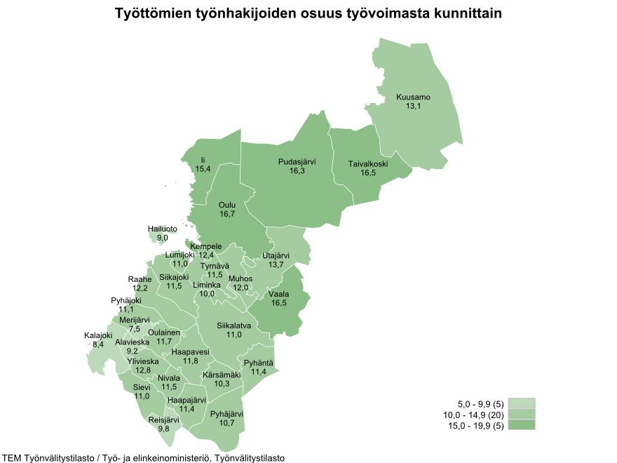 Työttömien työnhakijoiden %-osuus työvoimasta heinäkuun lopussa 2017