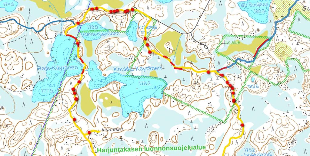 Kartta 6. Sorastusta tehdään ainoastaan Harjuntakasen rengasreitillä. Sorastettavat kohdat (31 kpl) on merkitty punaisin tähdin.