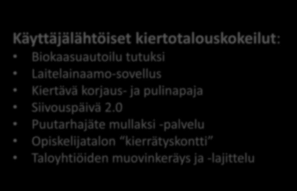 Kokeillaan Käyttäjälähtöiset kiertotalouskokeilut: Opitaan kokeilemalla Biokaasuautoilu tutuksi Laitelainaamo-sovellus Kiertävä korjaus- ja