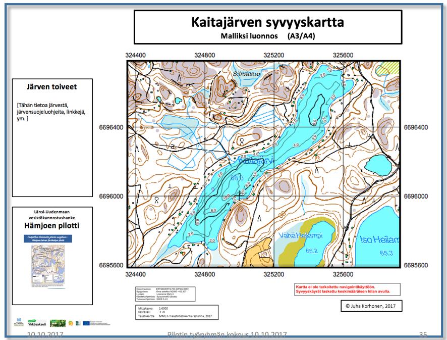 Tarkoitus tulostaa näistä syvyysmittauksista A3- kokoisia karttoja jaettavaksi ranta- asukkaille. Karttojen reunoille lisätään tietolaatikoita, mm.