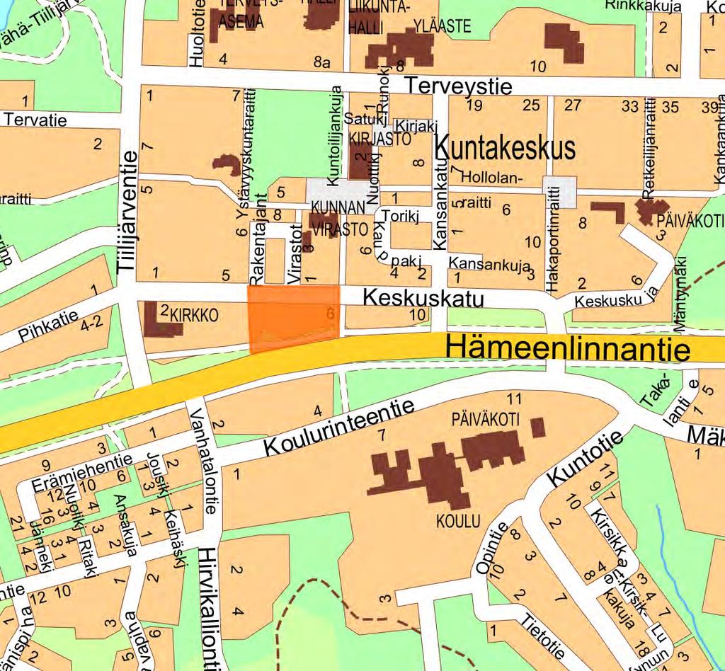 Asemakaavan muutosalue sijaitsee kuntakeskuksen liike- ja asuinrakentamisen keskeisimmällä alueella rajautuen Keskuskadun ja valtatien 12 väliin.