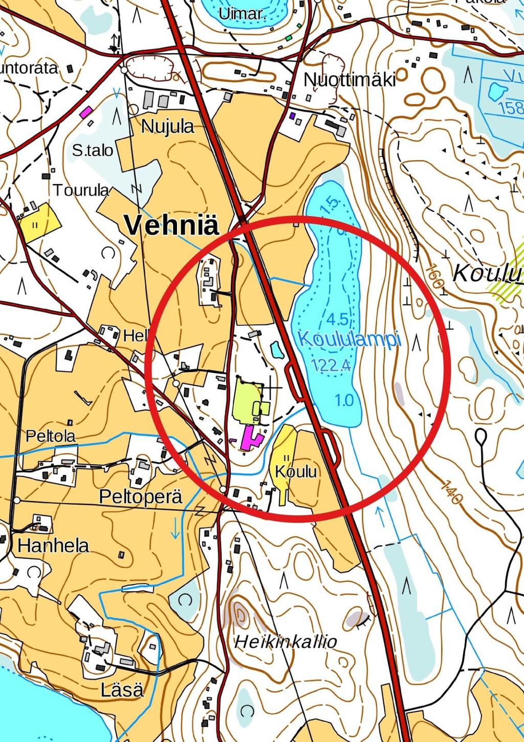 2. Selvitysalue Viitasammakon esiintymistä selvitettiin Laukaan Vehniällä Koululammen länsi- ja etelärannoilla sekä laskupuron suulla valtatien rummun molemmin puolin.