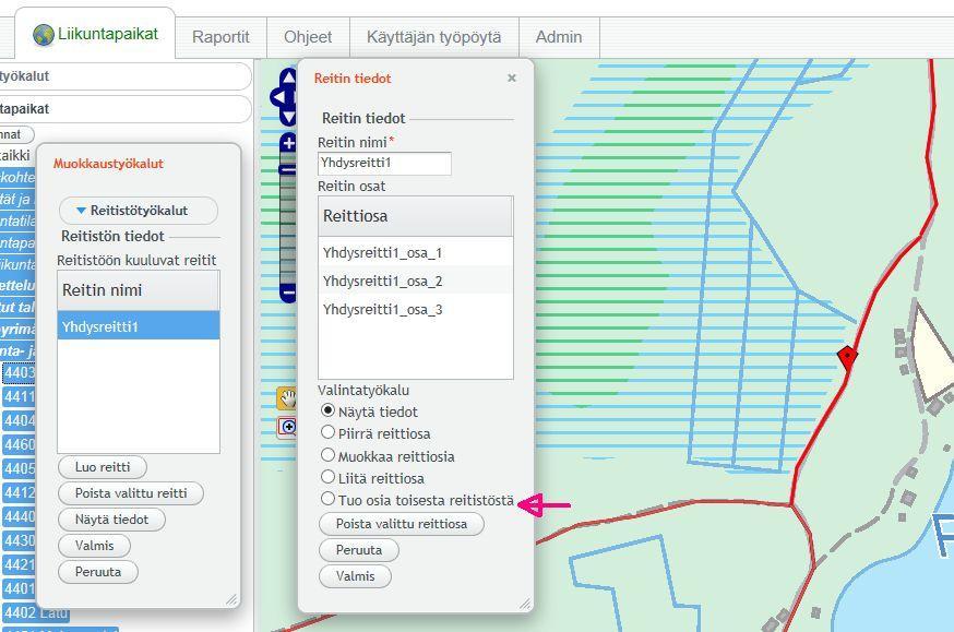 Valitse reittilistasta reitti, johon haluat liittää osia muista reitistöistä. Saat näkyviin työkaluvalikon, jossa näkyvät myös reittiosat luettelona.