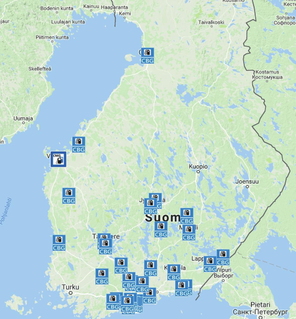 5.5 TANKKAUSASEMAVERKON KEHITYS Suomen julkisten biokaasuasemien verkko kasvoi vuonna 2017 kymmenellä uudella asemalla 24:stä 34:ään ja verkon maantieteellinen kattavuus parani merkittävästi (Kuva 8).