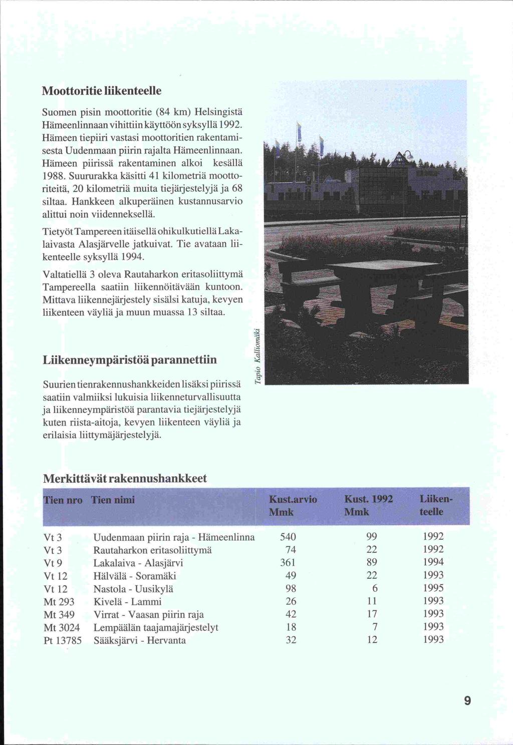 Moottoritie liikenteelle Suomen pisin moottoritie (84 km) Helsingistä Hämeenlinnaan vihittiin käyttöön syksyllä 1992.