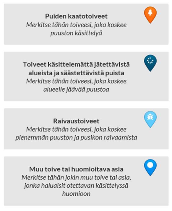 Karttavastaukset Merkitse kartalle toiveesi metsien hoidosta Kyselyssä vastaaja voi merkitä kartalle metsien käsittelyyn liittyviä toiveita sekä esittää toiveita