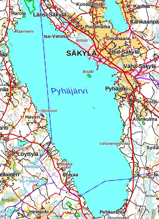 Säkylän Pyhäjärvi (Pöytyä, Eura, Säkylä) Pinta-ala 154 km² keskisyvyys 5,4 metriä, suurin syvyys 26,2