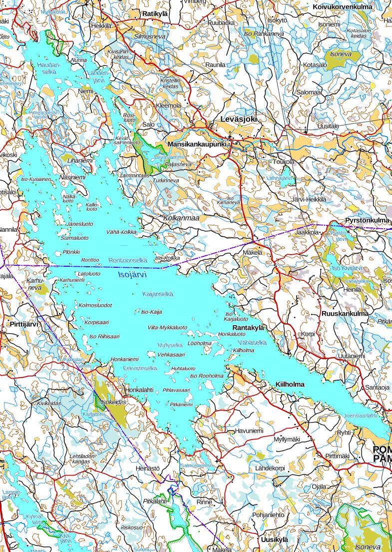 Isojärvi (Pomarkku, Siikainen) Pinta-ala 38,82 km² keskisyvyys 2,9 m, suurin syvyys 10,2 m Läpivirtausjärvi,