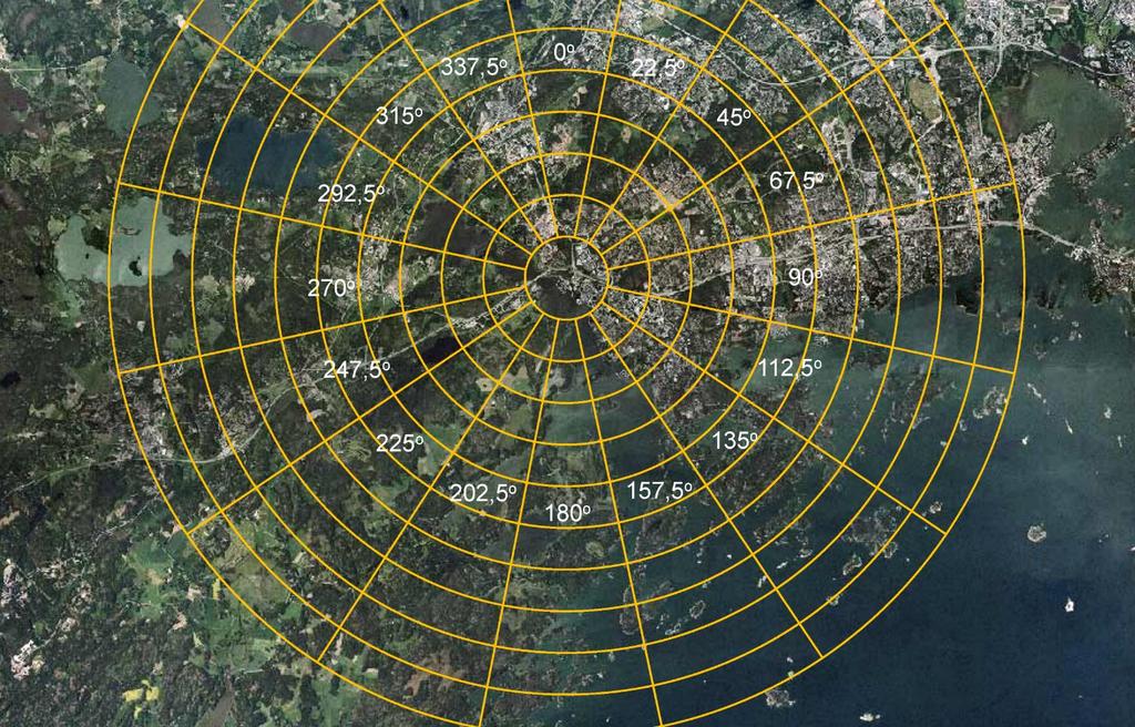 337,5 o o 22,5 o 315 o 45 o 292,5 o 67,5 o 27 o 9 o 247,5 o 112,5 o 225 o 135 o 22,5 o 18 o 157,5 o Kuva 9: Tuulen suuntia vastaavat sektorit maaston karheusluokan muutosanalyysiin (kuva muokattu
