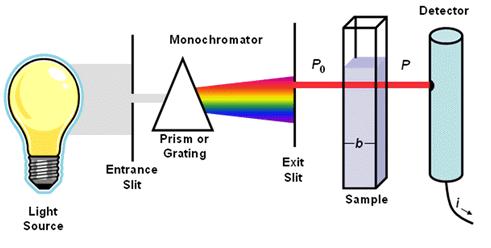 Tähän mennessä teillä on jo ollut: Spektrofotometria Transmittanssi T = P / P o jossa P o on näytteeseen saapuva valoteho ja P on näytteen läpi päässyt valoteho Absorbanssi A = log (P o / P) = - log