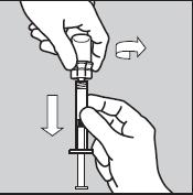Pitele ruiskua edelleen pystysuorassa ja pidä edelleen kiinni alueelta, johon on merkitty annosvälit. Kierrä injektiopullon välikappale toisella kädellä irti.