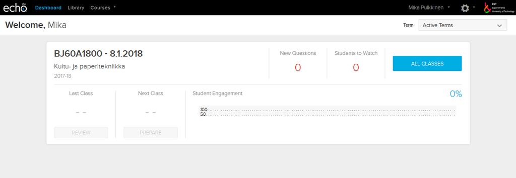 Echo360 päänäkymä (Dashboard) Kun kirjaudut tunnuksillasi palveluun, avautuu näkymässä kurssialustasi: kurssikoodi (Course), periodin aloituspvm (Section) sekä kurssin nimi.