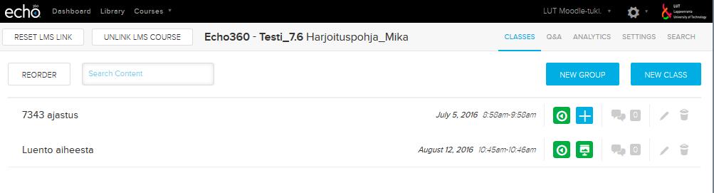 Echo-kurssinäkymä Moodlen kautta Kun Moodleen on lisätty LTI-linkki (Ulkoinen työkalu), pääsee kurssialustalle aina sitä kautta Kurssi voidaan nollata tai irrottaa tässä näkymässä