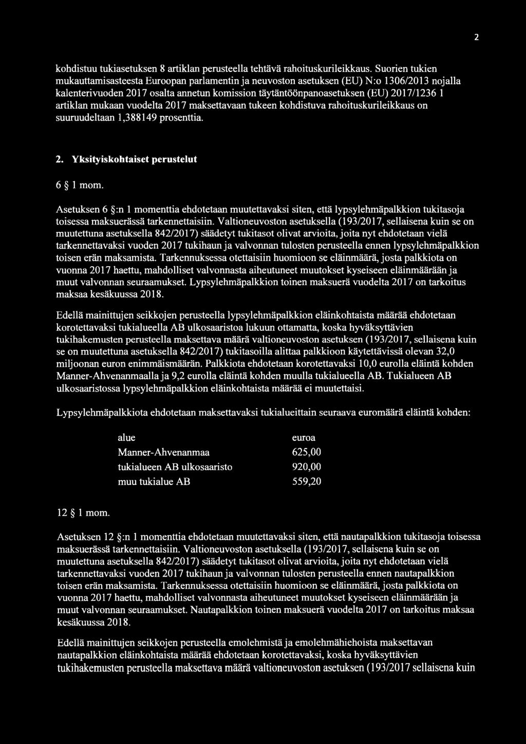 artiklan mukaan vuodelta 2017 maksettavaan tukeen kohdistuva rahoituskurileikkaus on suuruudeltaan 1,388149 prosenttia. 2. Yksityiskohtaiset perustelut 6 1 mom.