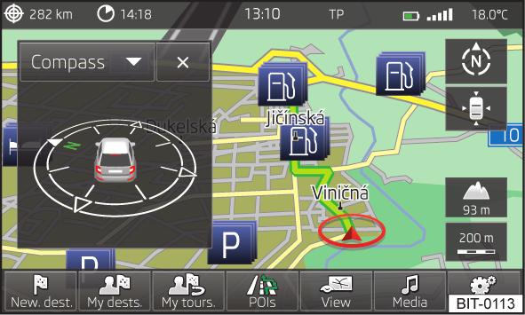 Kompassi Kuva 34 Lisäikkuna: Compass Etäisyys seuraavan navigointiohjeen sijaintipaikkaan sekä jäljellä olevan ajomatkan numeerinen tieto; Näytetään tietoja seuraaviin erityiskohteisiin (esim.