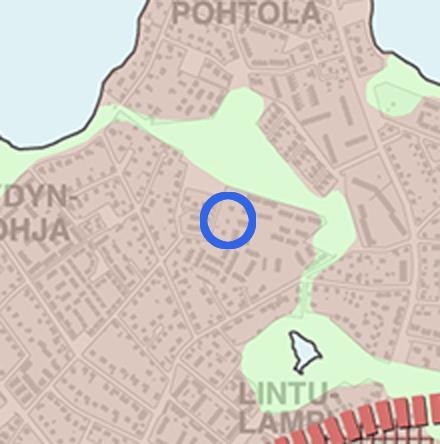 . Kohde rajattu sinisellä ympyrällä.. Tampereen kantakaupungin yleiskaavassa 2040 (hyväksytty 15.5.2017) alue on merkitty asumisen alueeksi.