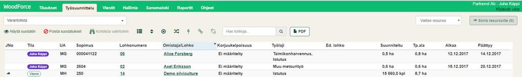 Lohkot suunnittelusovelluksessa Kukin rivi on yksittäinen esim.