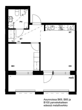 Huoneistopohjat 2h + kt 38,5 m 2 Asunto B62, 1. kerros Asunto B69, 2.